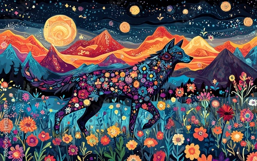 AIcreated vibrant wolf silhouette moving through a mesmerizing, colorful landscape of mountains and flowers, featuring intricate, flowing patterns photo