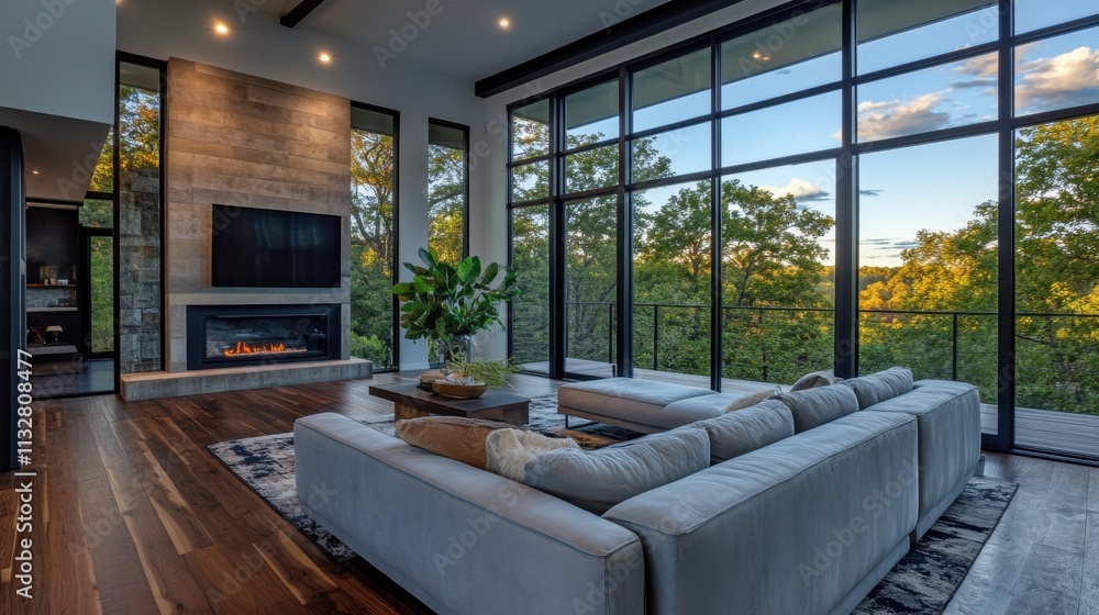 Fototapeta premium Spacious modern living room with large windows and scenic view