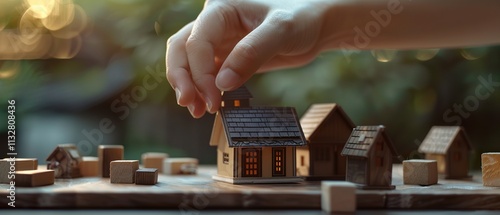 Protective Hands Enveloping Miniature House Model on Wooden Surface photo