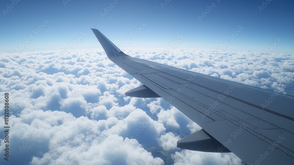 Fototapeta premium Airplane Wing Over Clouds in Clear Blue Sky During Daytime