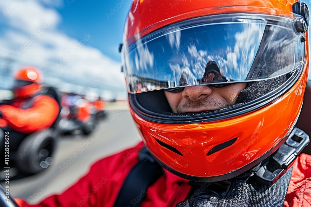 Fototapeta premium Exciting go-kart racing event with drivers wearing bright helmets on a sunny day at the track