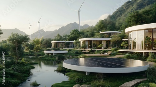 A Futuristic Renewable Energy Landscape Showcasing Solar Panels and Wind Turbines Integrated with AI Driven Technology photo