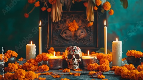 7. A traditional Mexican Day of the Dead altar decorated with marigolds, candles, and sugar skulls photo