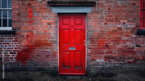 Red Door in a Weathered Brick Building Wall photo