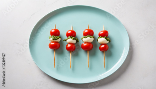 Caprese Skewers in Minimalist Style in Pastel Blue and Red with Copy Space photo