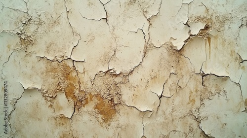 Cracked and Weathered White Wall with Brown Stains photo