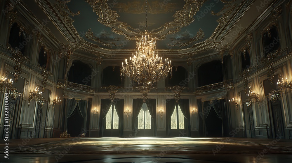 Obraz premium A Large Ornate Room with a Chandelier Hanging From the Ceiling