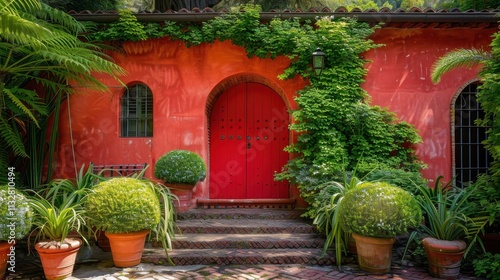 Red building entrance with vibrant green plants and a red door photo