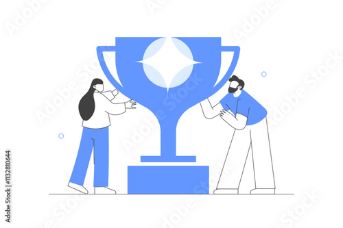 Characters standing near cup and celebrating victory. Happy people successfully achieve reward. Winners and prize. Business goal success. Flat Cartoon Vector Illustration, icon. Stylish abstract Blue 