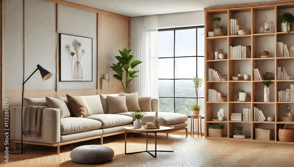 Fototapeta premium Bright Living Room with Large Window and Bookshelf