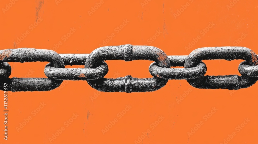 Fototapeta premium Rusty Metal Chain Against Bright Orange Background