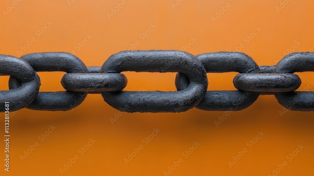 Fototapeta premium Heavy Black Chain Links on Orange Background for Strength Symbolism