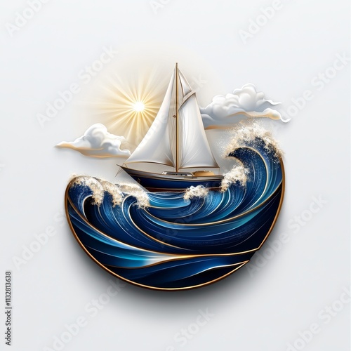 White Sailboat Riding Dynamic Waves Under Golden Sunlight with Clouds in white Background. Vibrant and Detailed Nautical Logo with Blue and Golden Highlights. AI generated photo