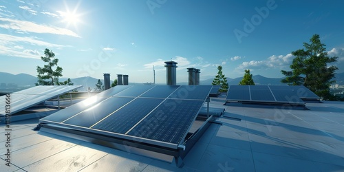 Sleek Solar Panels on Modern Rooftop under Clear Blue Sky photo