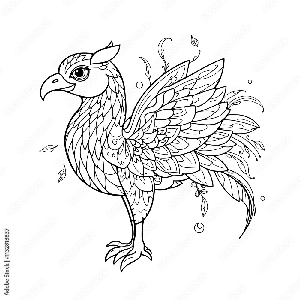 Naklejka premium Mystical Phoenix Illustration: A detailed, black and white line art illustration of a phoenix with intricate patterns on its feathers and body. Perfect for coloring books, tattoo designs.