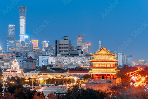 Night View of Zhengyangmen City Tower and International Trade CBD Skyline in Qianmen, Beijing, China	
 photo