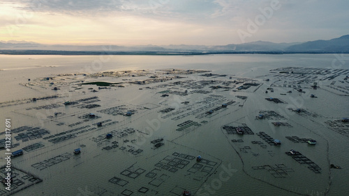 Aerial view of fish farms in the lake, Gorontalo, Indonesia photo