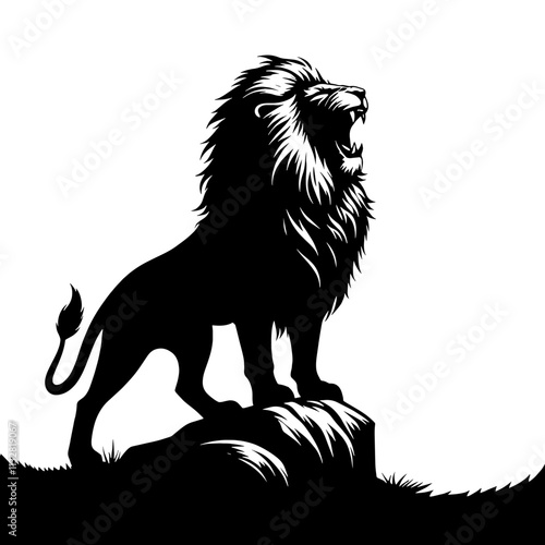 Roaring lion silhouette on rock.
