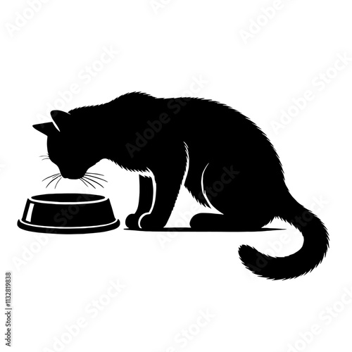 Black cat silhouette eating from bowl.