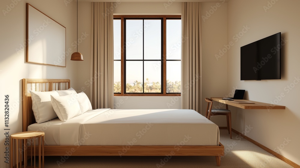 Fototapeta premium Serene Minimalist Hotel Room, Tranquil escape awaits. Sunlight streams through large windows