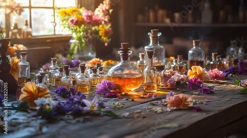 An Enchanting Perfumery Workshop Filled with Captivating Floral and Citrus Aromas Amidst Glass Vials and Delicate Blooms photo