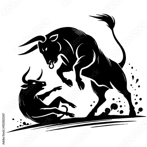 Two bulls, one attacking the other.