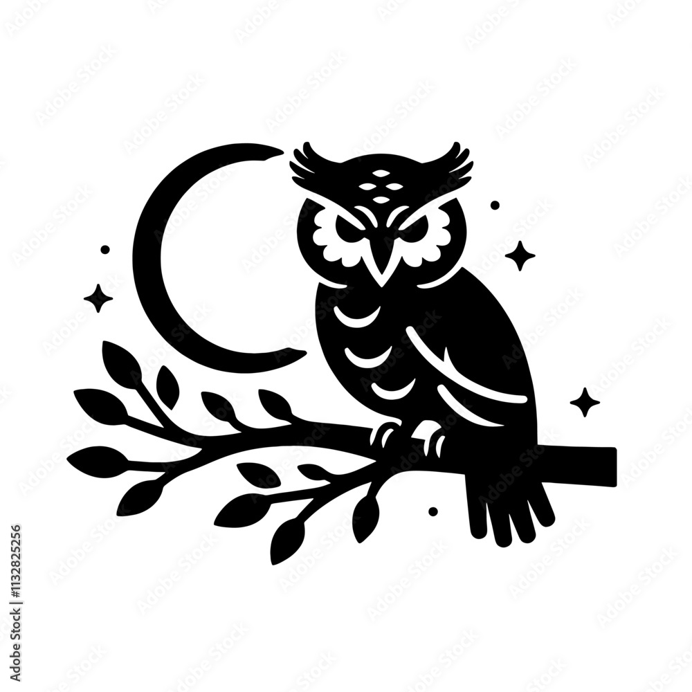 Fototapeta premium Owl perched on branch, crescent moon.