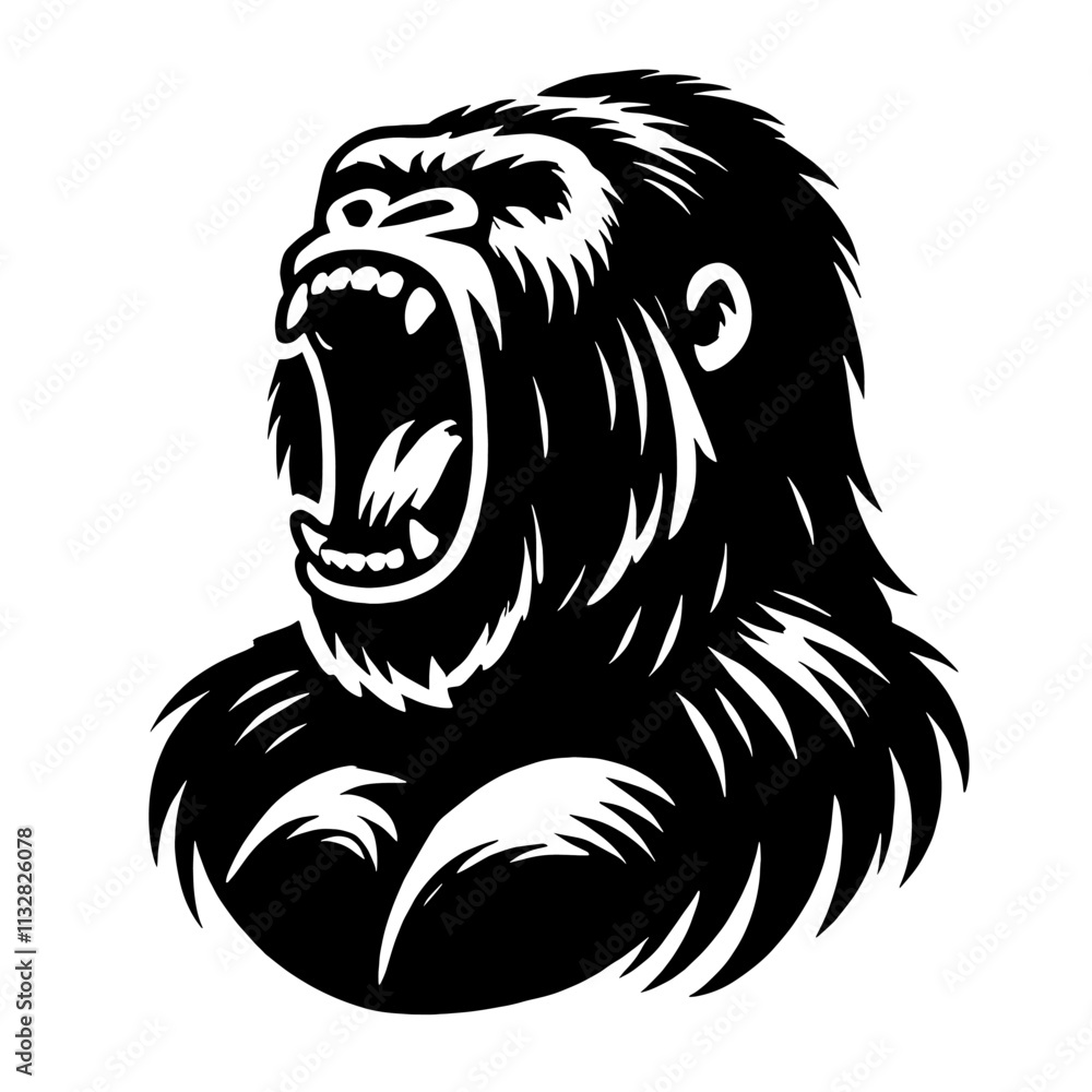 Obraz premium Roaring gorilla head, black and white illustration.