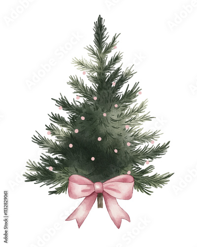 Vector watercolour Christmas tree with a pink bow in a coquette style. Christmas decorative element isolated.