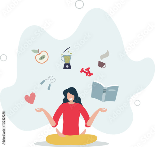 Self care personal health habits combination for wellness.Daily lifestyle for happiness and physical or emotional peace.flat characters.