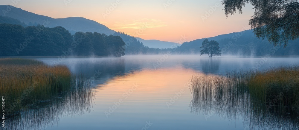 Serene sunrise over misty lake with solitary tree and mountain reflection. Serene sunrise over misty lake with solitary tree and mountain reflection.