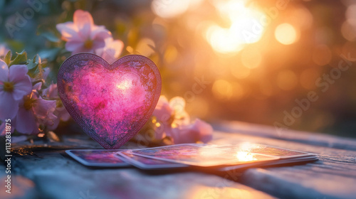 ハートの飾りと占いのカードと花　Generated image