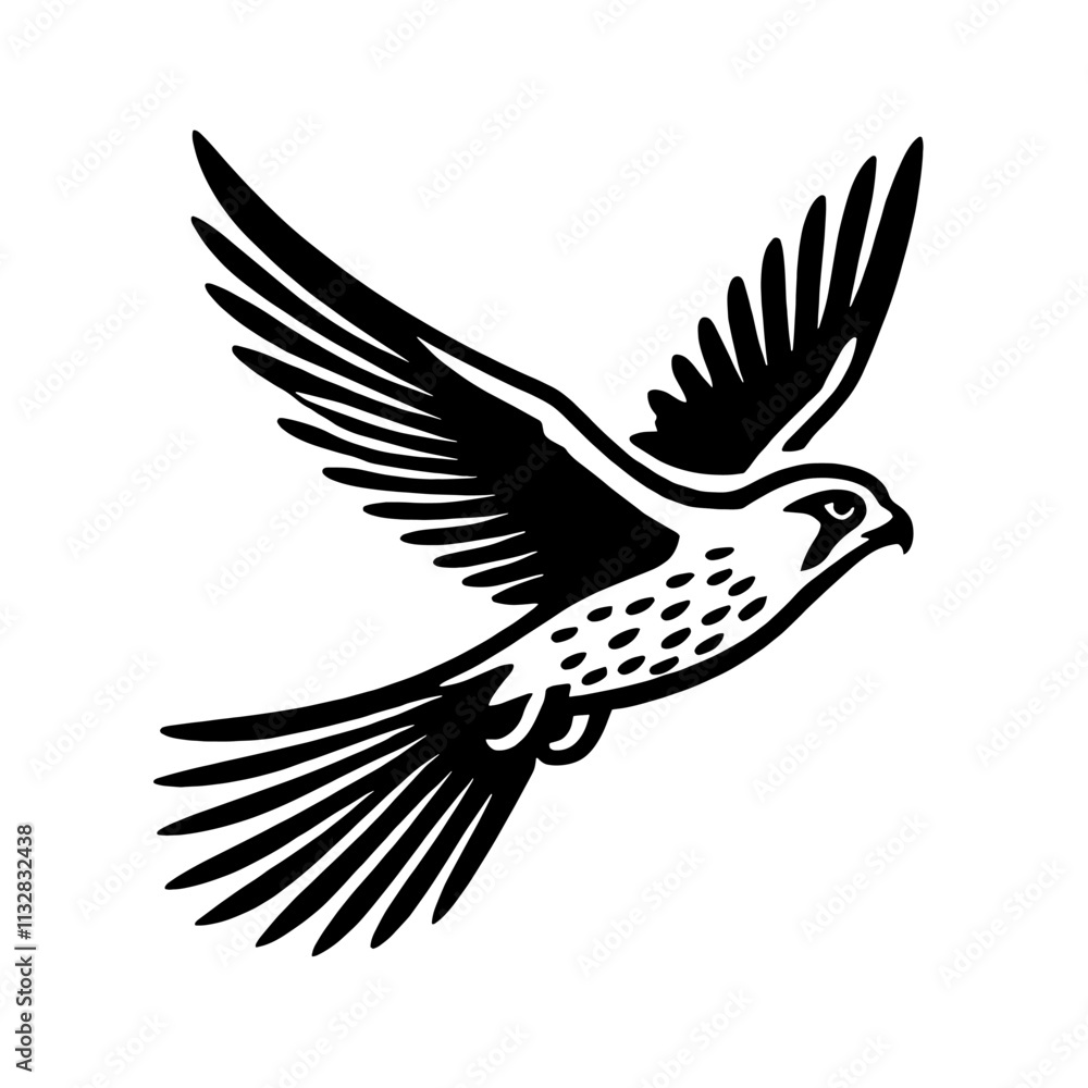 Fototapeta premium Black and white illustration of a falcon in flight.