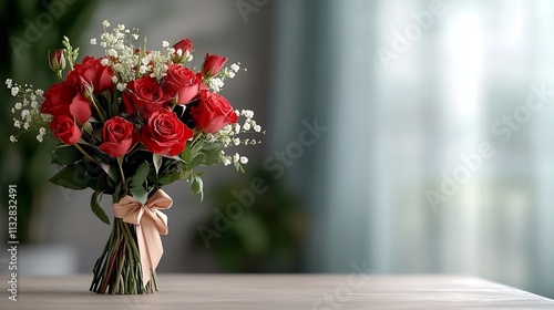 Wallpaper Mural Vibrant Red Rose Bouquet with Ribbon on Neutral Backdrop for Branding Torontodigital.ca