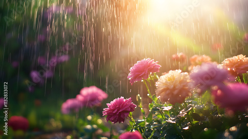 An Inviting Rain-Soaked Garden Enhancing the Rich Aroma of Wet Soil and Fresh Radiant Flowers beneath a Gentle Overcast Sky photo