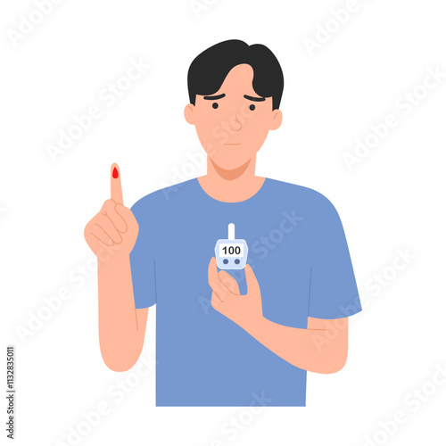 Vector illustration of a diabetic man. Using a blood glucose meter, hyperglycemia.