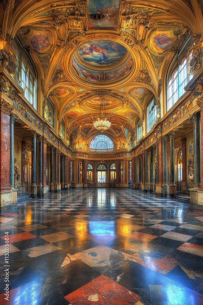Obraz premium Ornate Hallway With Intricate Gold Detailing And Stained Glass Window