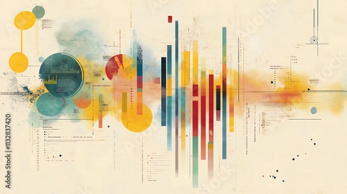 A clean and modern infographic background for stock images, highlighting key business metrics with vibrant bar graphs, pie charts, and numerical data points
