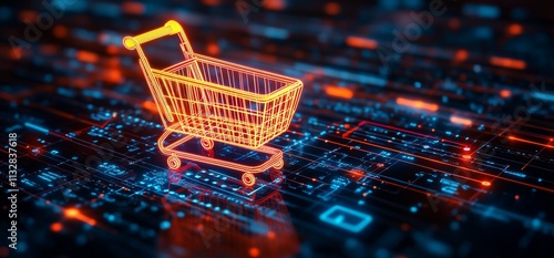 Digital shopping cart on a data-themed background.