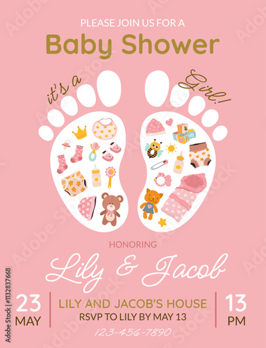 Invitation card for baby shower or birthday party. It's a girl. Vertical postcard template with footprints, baby essentials and text on pink background. Festive card. Cute vector illustration.