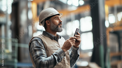 a blue collar worker man in his 40s wearing neutral colors on talking on his phone in a natrually bright space photo