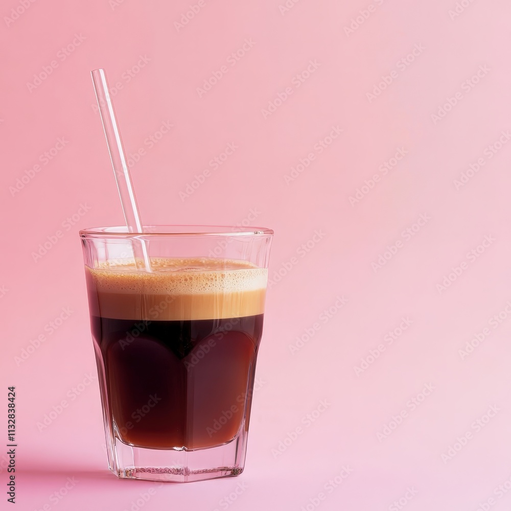 Freshly Brewed Dark Coffee with Creamy Foam Served in Clear Glass on a Soft Pink Background Perfect for Beverage and Lifestyle Stock Photography Freshly Brewed Dark Coffee with Creamy Foam Served in Clear Glass on a Soft Pink Background Perfect for Beverage and Lifestyle Stock Photography