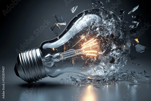 A shattered light bulb with glowing fragments symbolizing a breakthrough idea. photo