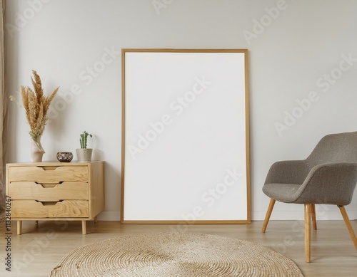 Interior Mockup poster frame on the wall of living room. Luxurious apartment background with contemporary design. 