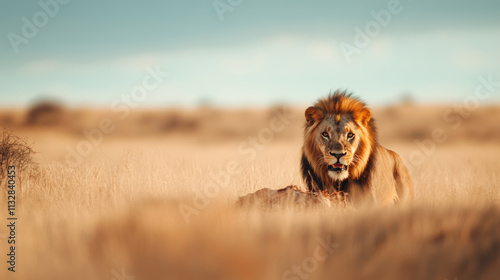 Majestic male lion guards a fresh kill in the golden african savanna, a powerful symbol of wildlife and the circle of life photo