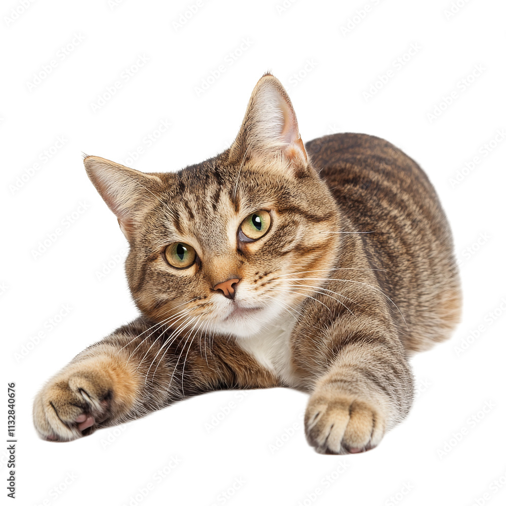 Obraz premium A Cute Tabby Cat Stretching Playfully on a Solid Black Background