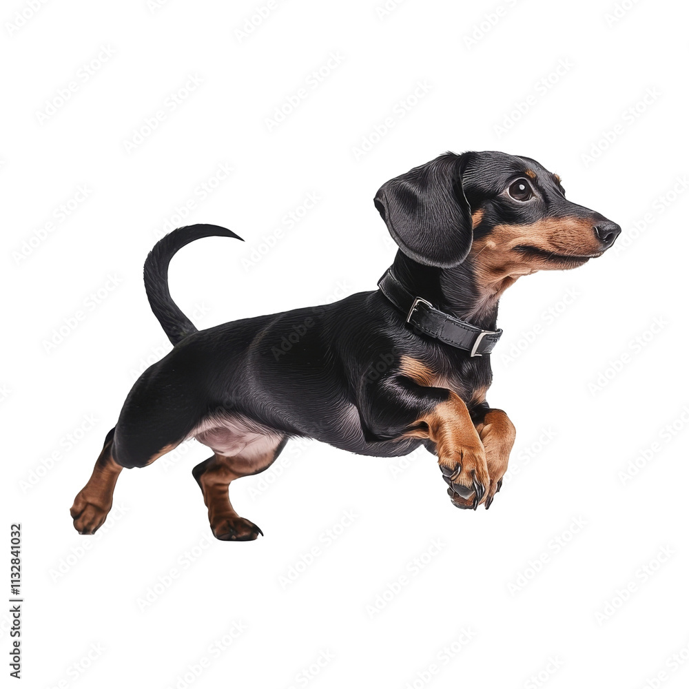 Obraz premium Dynamic Dachshund Leaps with Joy on a Solid White Background, Pure Delight!