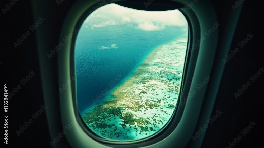 Fototapeta premium A view from an airplane window captures the breathtaking beauty of a tropical paradise in the Maldives. The turquoise waters of the coral reef