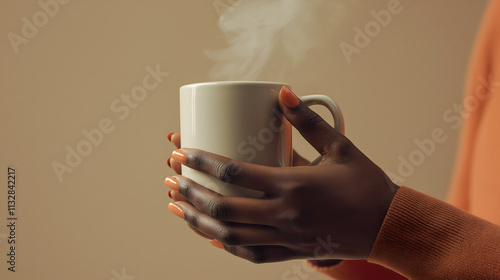 Warm cup of coffee in hands close-up of african american woman cozy indoor setting relaxation