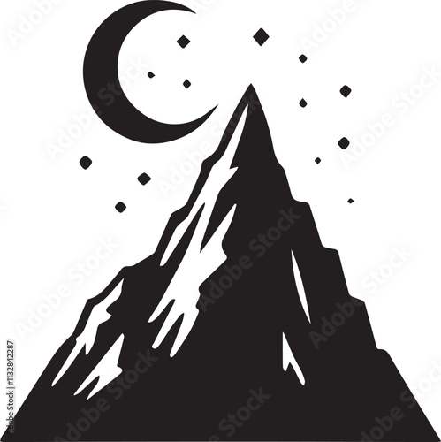 A single tall mountain with a crescent moon hovering above vector silhouette